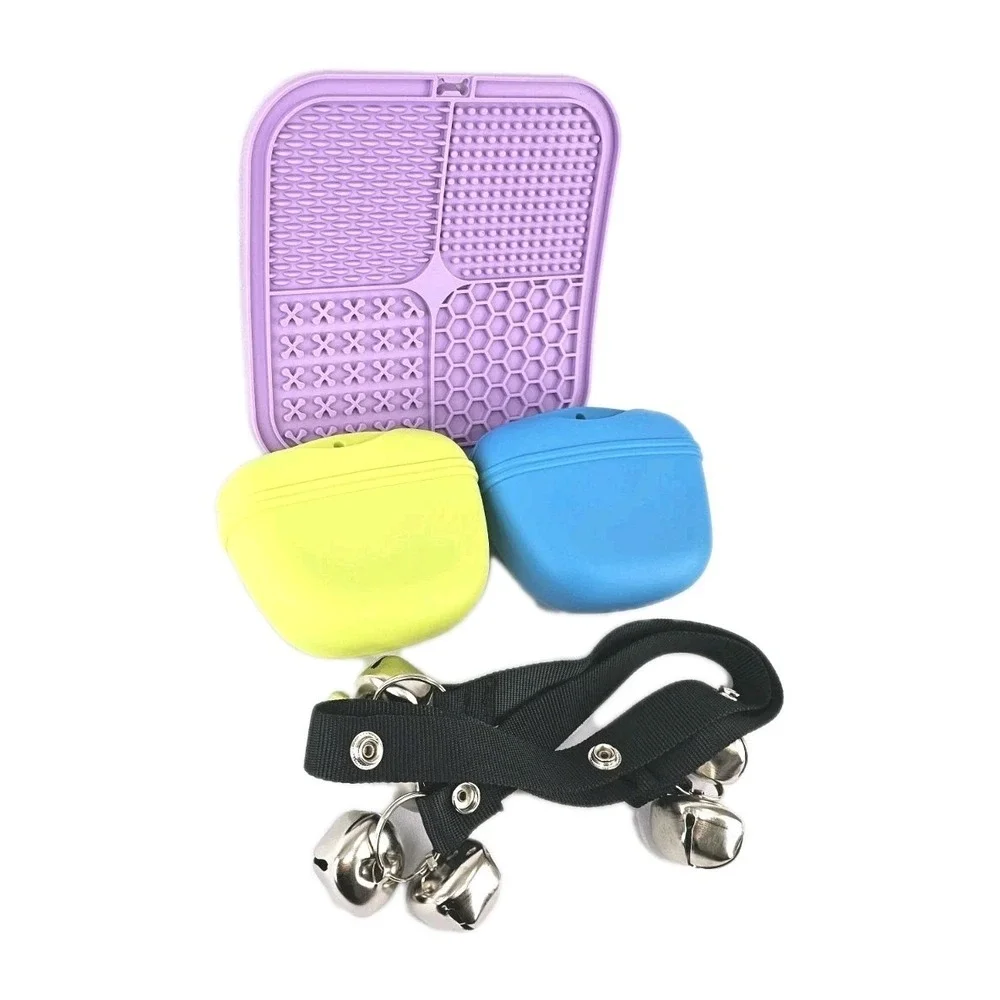 Pet Set of 4 Silicone Dog Treat Pouch Door Training Bells Food Toy Suction Cups